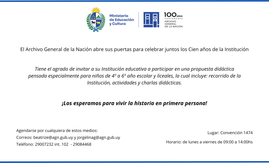 invitación a escuelas y liceos a visitas guiadas al Archivo General de la Nación