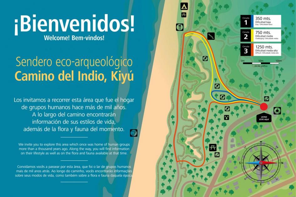 Cartel de bienvenida al Sendero Camino del Indio, en Kiyú