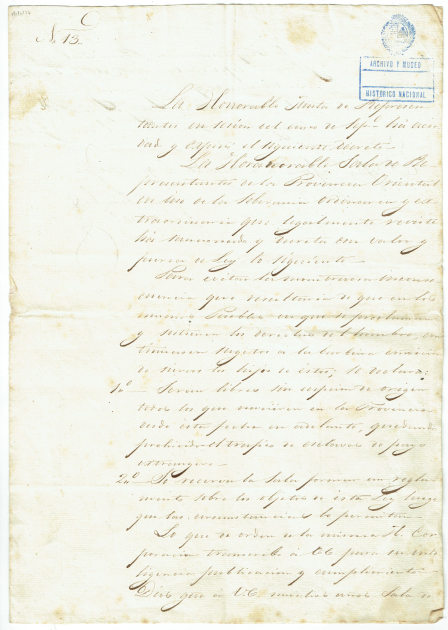 Ley de vientres año 1825. AGN, Fondo ex"Archivo y Museo histórico Nacional", caja 17 Documento manuscrito, sobre la ley de abolición de la esclavitud
