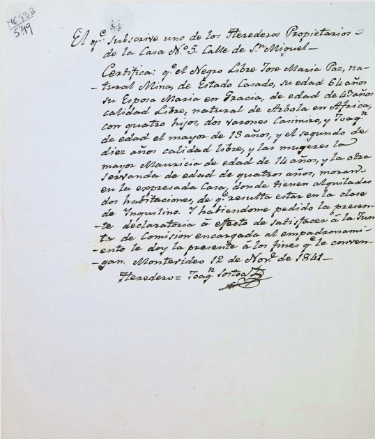 Certificado de residencia e inquilinato de José María Paz, año 1841.