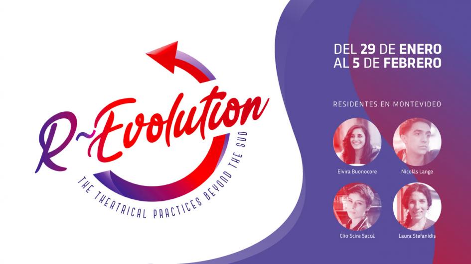 logo R-evolution con flecha circular y fotos de participantes en Montevideo