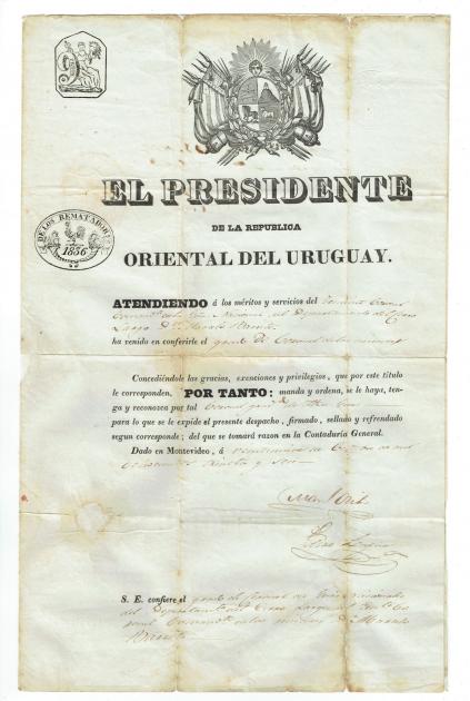 Documento de nombramiento de Coronel de Milicia a Dn. Marcelo Barreto Documento en papel.