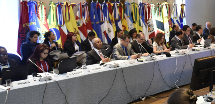 Representantes Personas sentadas y banderas de los paises partícipe de fondo