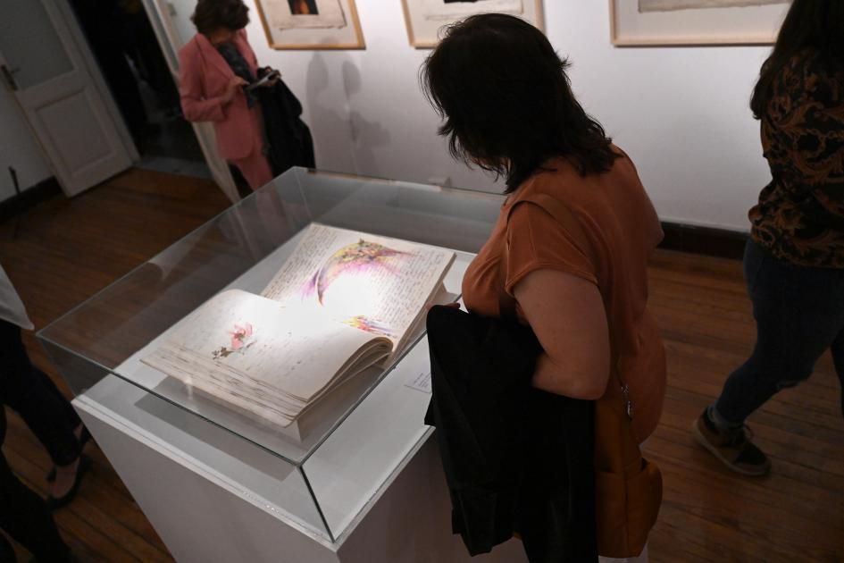 Persona mirando las obras de Pilar González.