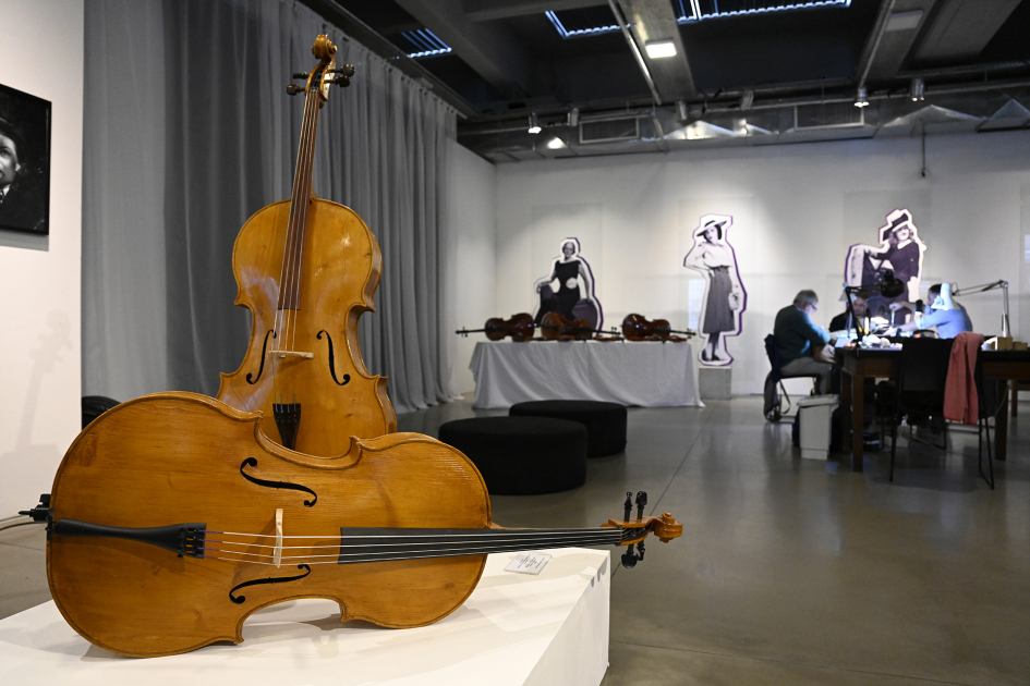 Equipos de violines en una mesa de exhibición