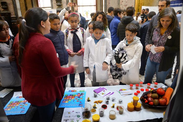 Niños escolares observando una mesa con frascos pequeños con extractos.