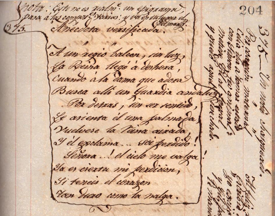 Anécdota versificada Hoja con letra escrita en cursiva