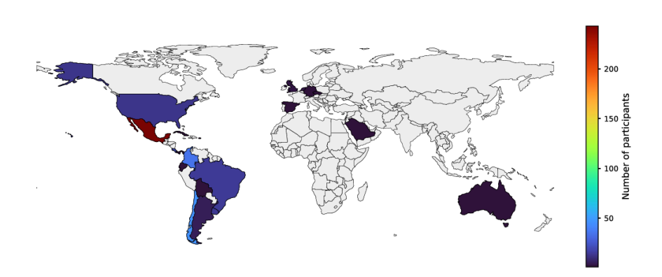Participantes por país: de colores fríos a cálidos según cantidad; en gris, sin participantes.