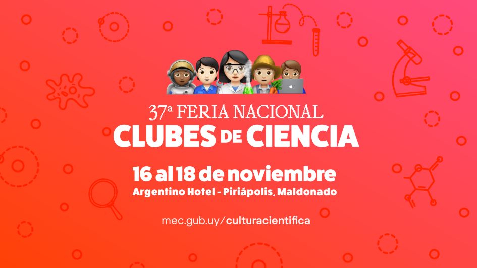 37.ª Feria Nacional de Clubes de Ciencia (2023) Afiche con fondo anaranjado y consistente en cinco emojis que representan diferentes ciencias