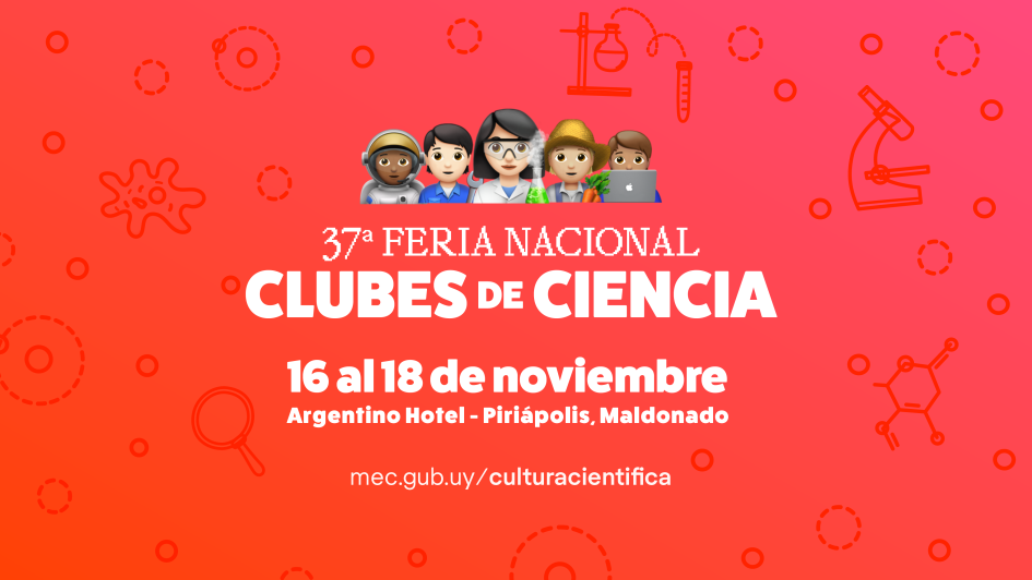 Afiche con fondo anaranjado y consistente en cinco emojis que representan diferentes ciencias