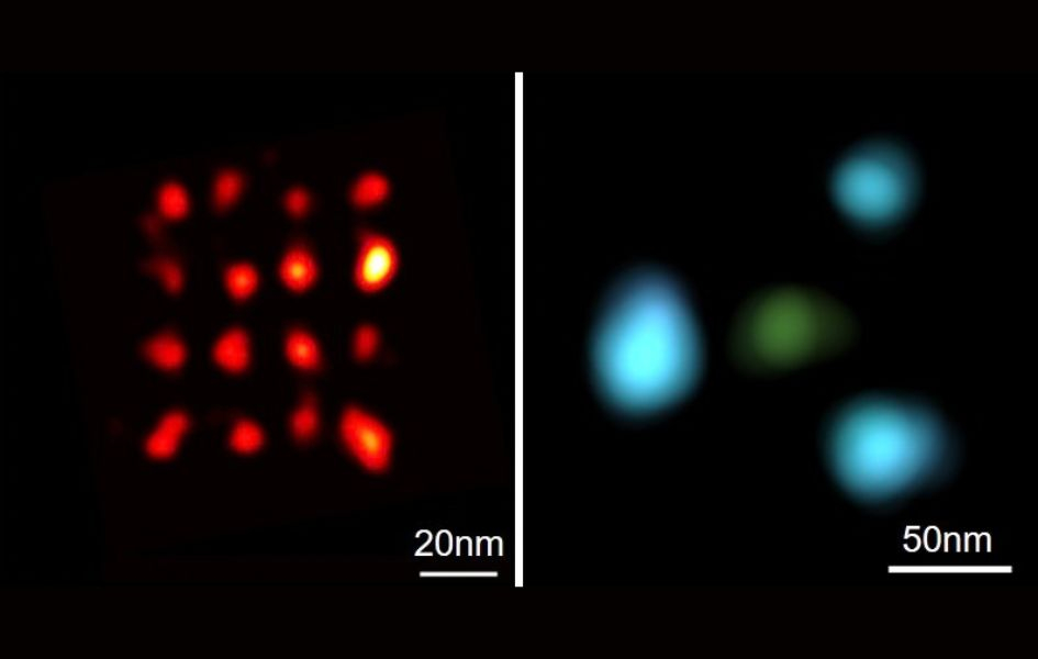 Origamis de ADN: izq., grillas con puntos a 20 nm; der., tetraedro de base 100 nm y altura 80 nm.