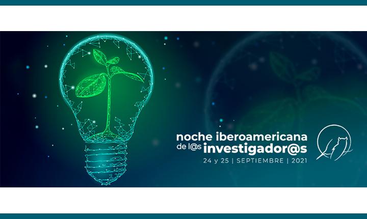 Noche iberoamericana de l@s investigador@s Sobre fondo verde y azul, representación de una bombita de luz