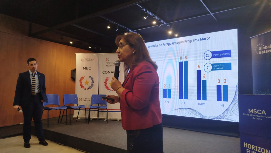 Dos personas dando una charla con una pantalla con gráficas en el fondo