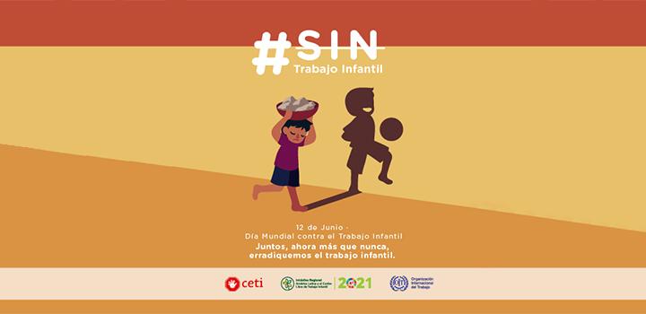 #SinTrabajoInfantil - 12 de junio Imagen de niño cargando algo sobre su cabeza y sombra del niño jugando a la pelota.