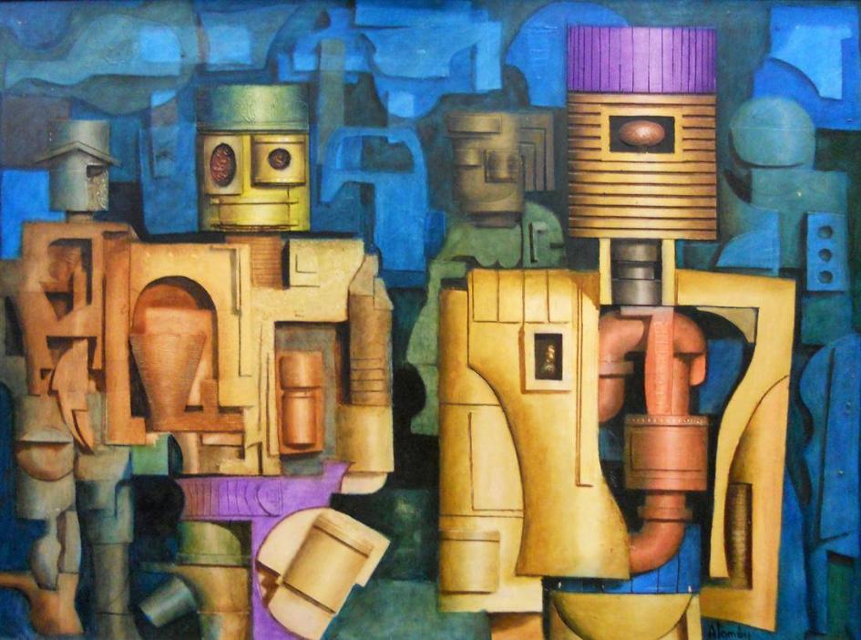 Obra: Conjunto de robots en un día azul obra