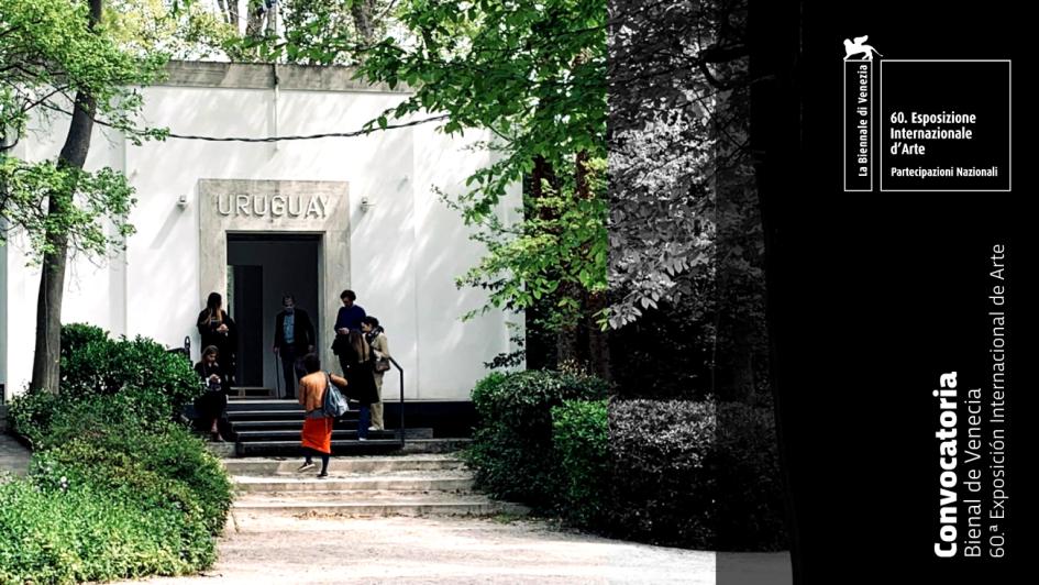 60.ª Muestra Internacional de Arte de la Bienal de Venecia 2024 fachada blanca de pabellón nacional, sobre la puerta dice Uruguay