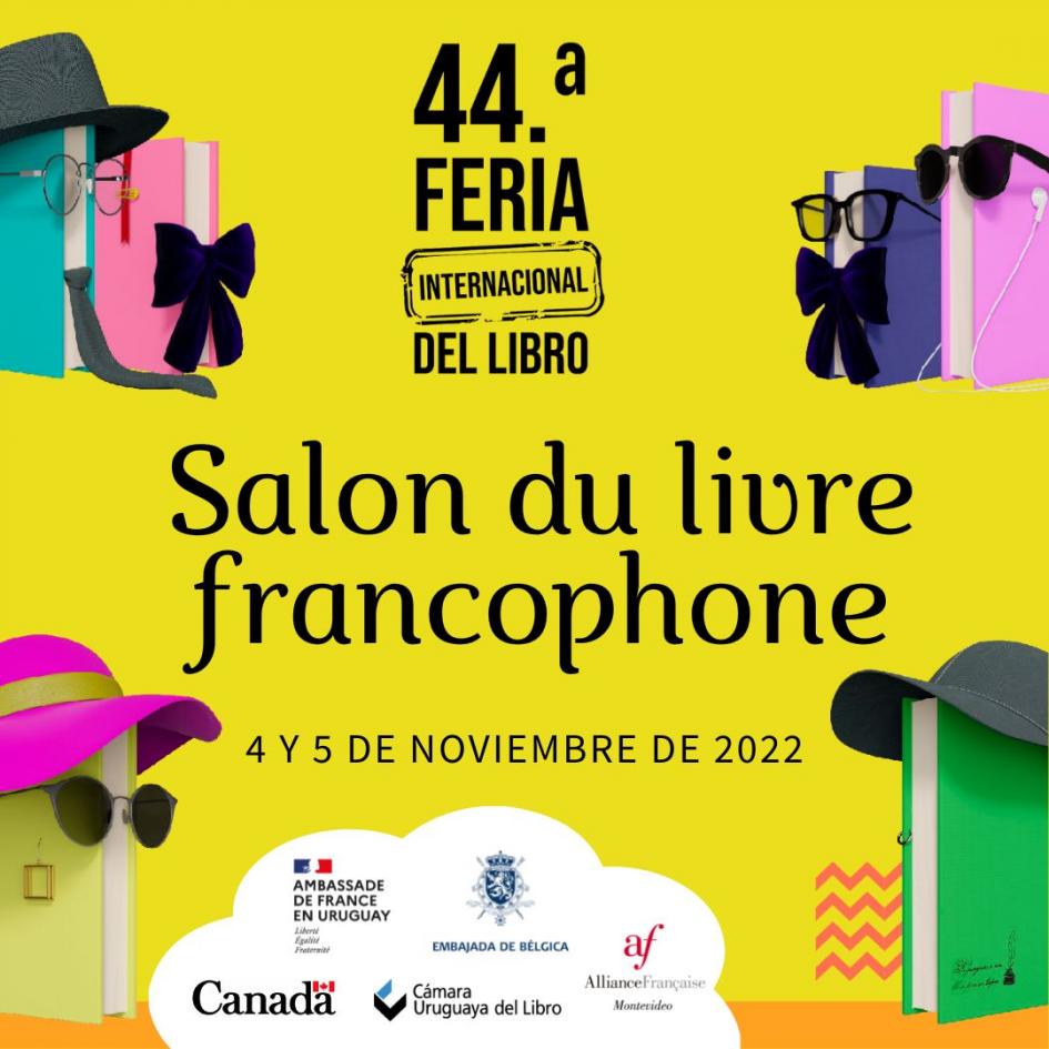Salón del Libro Francófono afiche en el que se ven libros como si fueran caras, con lentes, gorro y otros accesorios de persona