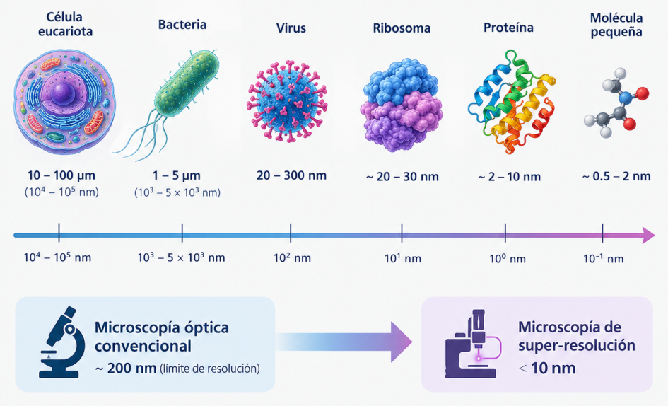 Escala biológica: resolución de 200 nm con microscopía convencional y menor a 10 nm con la nueva.