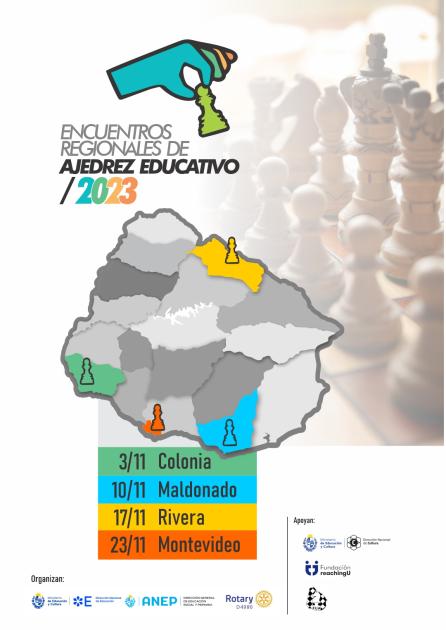 Encuentros Regionales de Ajedrez Educativo 2023 Afiche con mapa de Uruguay donde se destacan 4 deparantos con colores