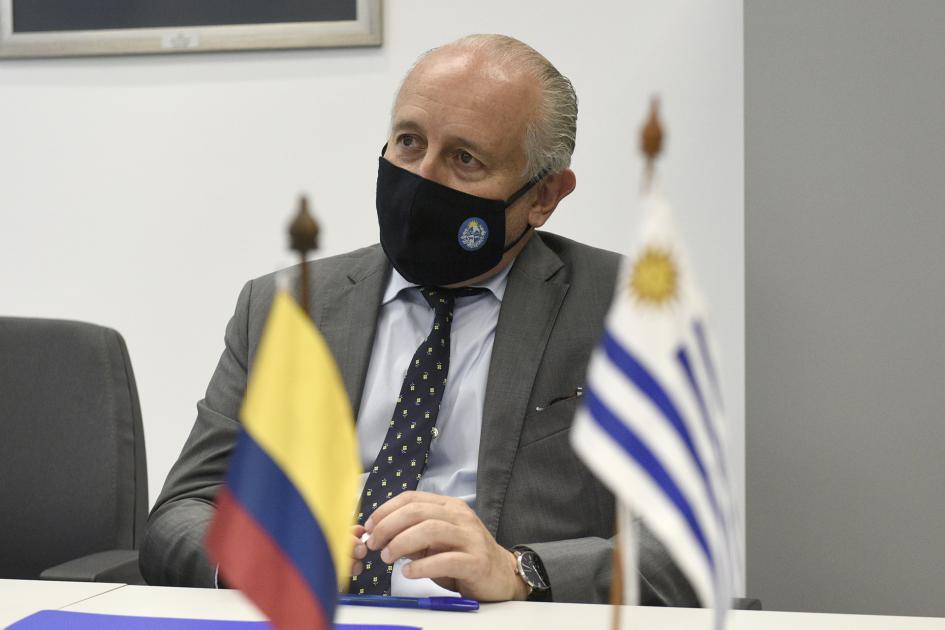 Ministro del MEC en primer plano y en frente está la bandera de Colombia y Uruguay