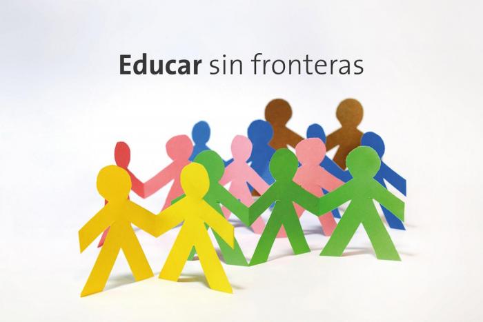 Texto: Educar sin fronteras. Ilustración: grupo de siluetas de personas recortadas en papel.