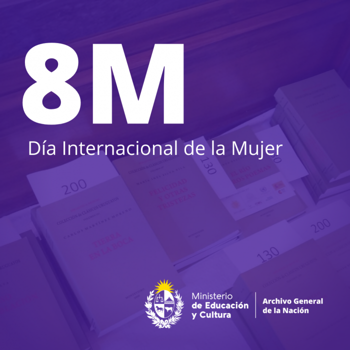 Folleto de promoción. Placa con texto "8M Día internacional de la Mujer"