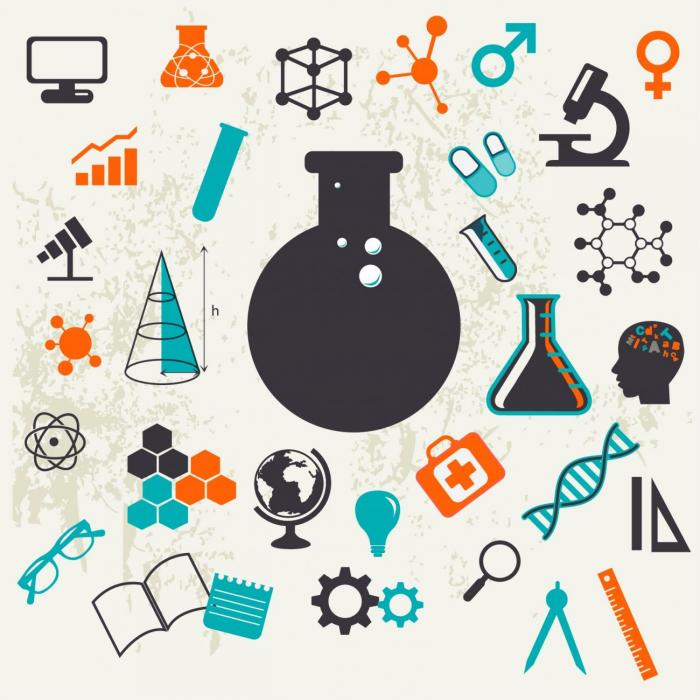 Iconos ciencia Iconos vectoriales del globo terraqueo, telescopio, computadora, lupa, entre otros
