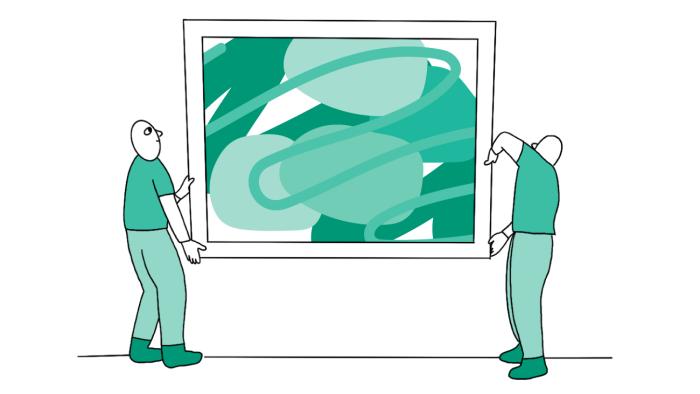 Guía curatorial dibujo de personas acomodando un cuadro