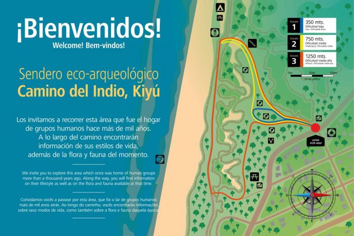 Cartel de bienvenida al Sendero Camino del Indio, en Kiyú