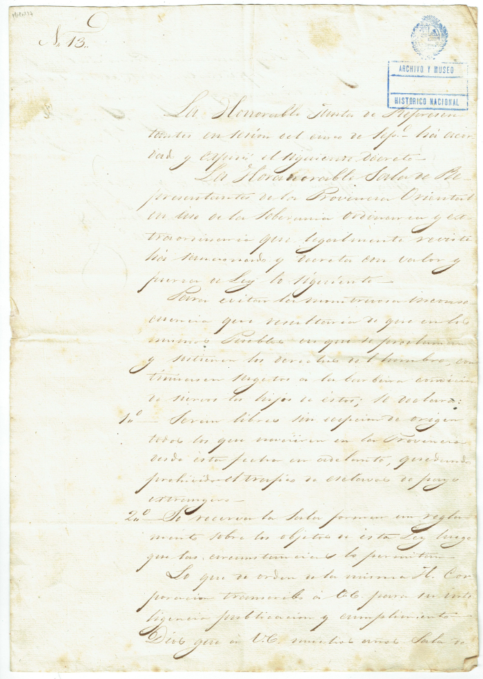Documento manuscrito, sobre la ley de abolición de la esclavitud