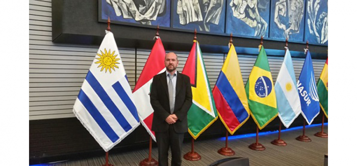 Persona parada delante de las banderas de Uruguay, Brasil, Argentina