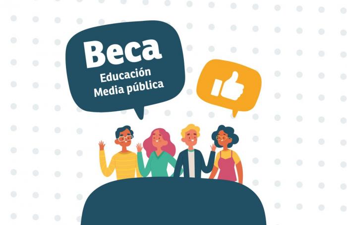 Dibujo de 4 estudiantes en situación de diálogo con texto que dice "Beca Educación Media pública"