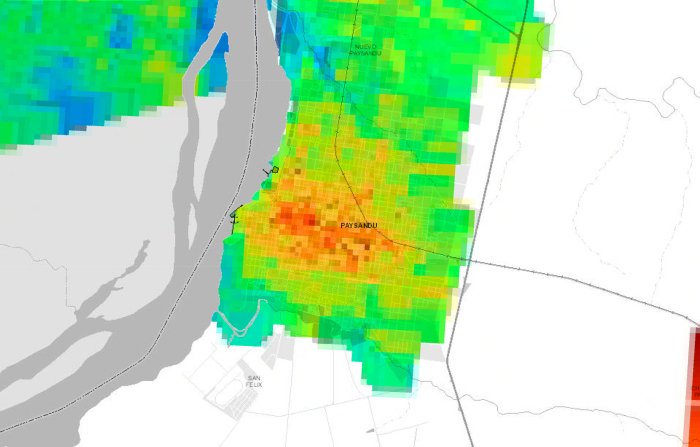 Mapa satelital de la temperatura en la ciudad de Paysandú. Mapa satelital de la temperatura en la ciudad de Paysandú.