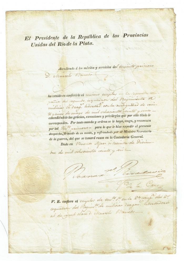 Documento de nombramiento de Teniente Primero a Dn. Marcelo Barreto. Documento en papel.