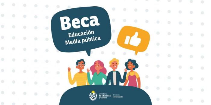 Imagen de la Beca Educación Media pública. Imagen de4 estudiantes en situación de camaradería. Acompaña el texto "Beca Educación Media pública"