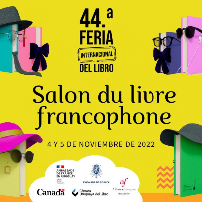 Salón del Libro Francófono afiche en el que se ven libros como si fueran caras, con lentes, gorro y otros accesorios de persona