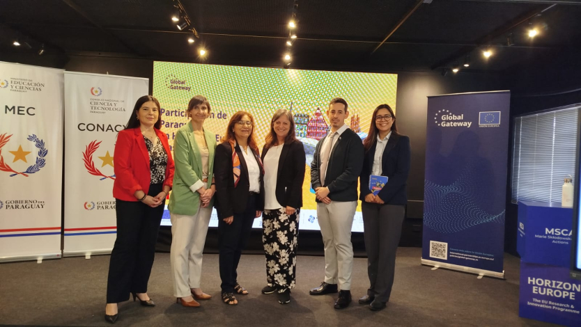 Seis personas posan de pie frente a un cartel del programa Horizonte Europa y banners 