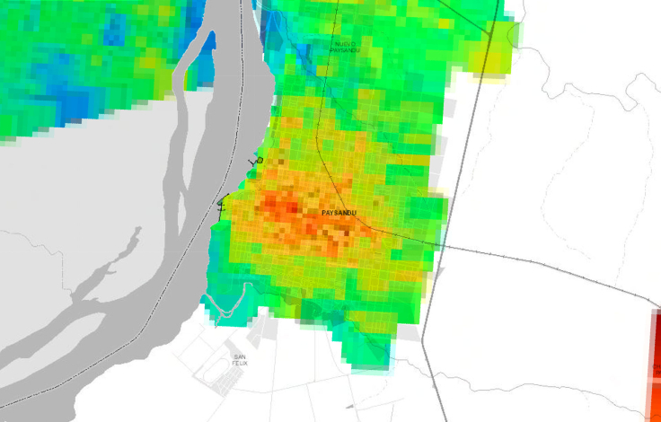 Mapa satelital de la temperatura en la ciudad de Paysandú.