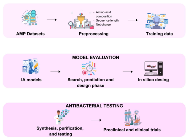 Figura de la publicación: proceso de descubrimiento de AMP mediante IA. Figura de la publicación: proceso de descubrimiento de AMP mediante IA.