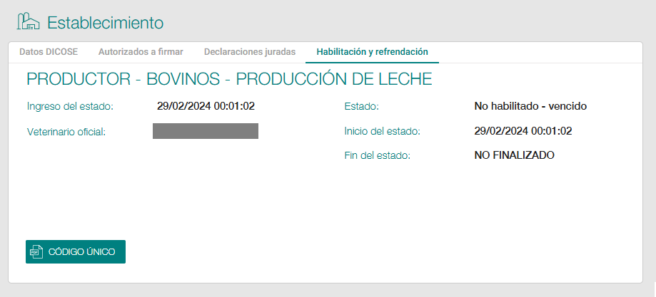 Consultar el código único de la Habilitación refrendación de mi establecimiento
