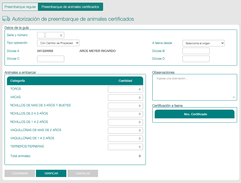 Solicitar un preembarque de animales certificados