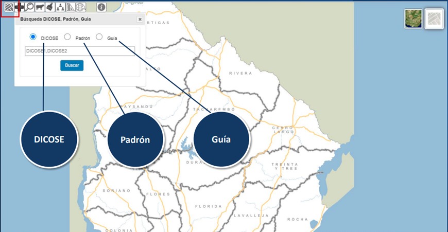  Se explicó cómo realizar la búsqueda espacial de establecimientos por diferentes tipos de filtros (Número de DICOSE, Padrón, Guía) Imagen donde ilusta la posibilidad de busqueda de información geográfica por: número de DICOSE- PADRON - GUIA