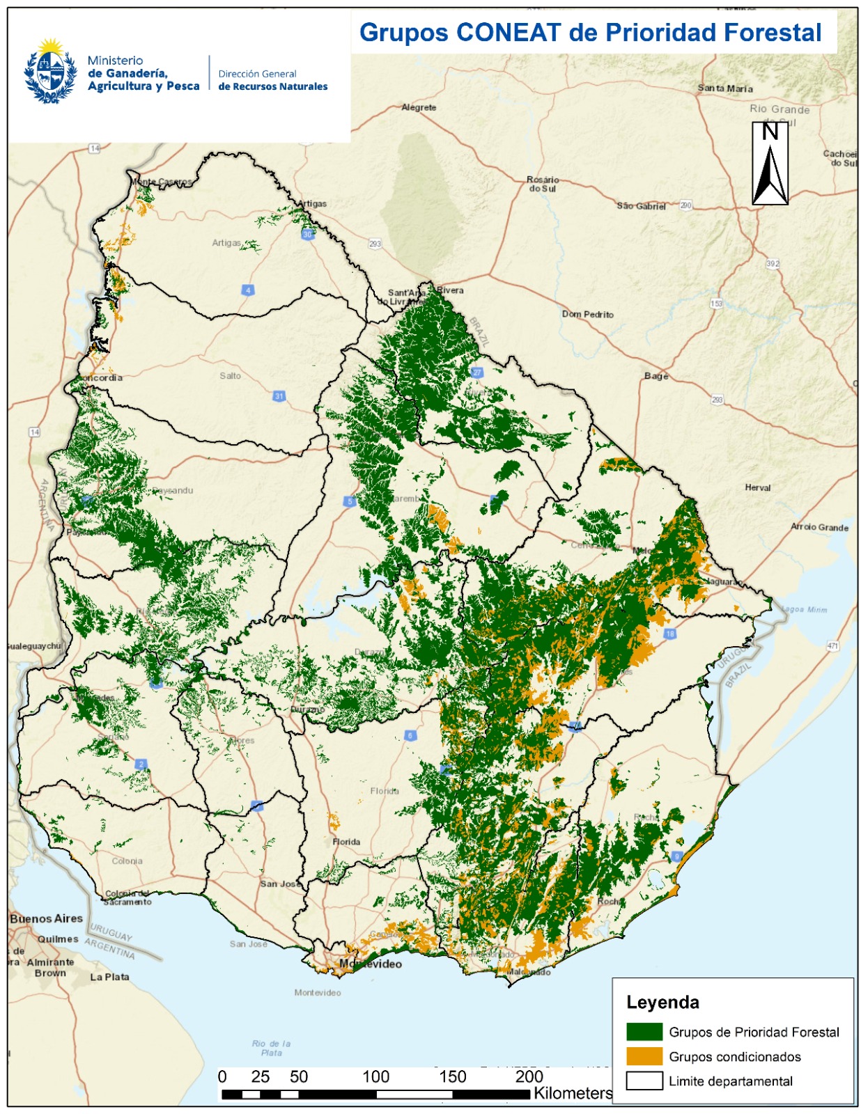 Mapa suelos CONEAT de prioridad forestal y condicionados