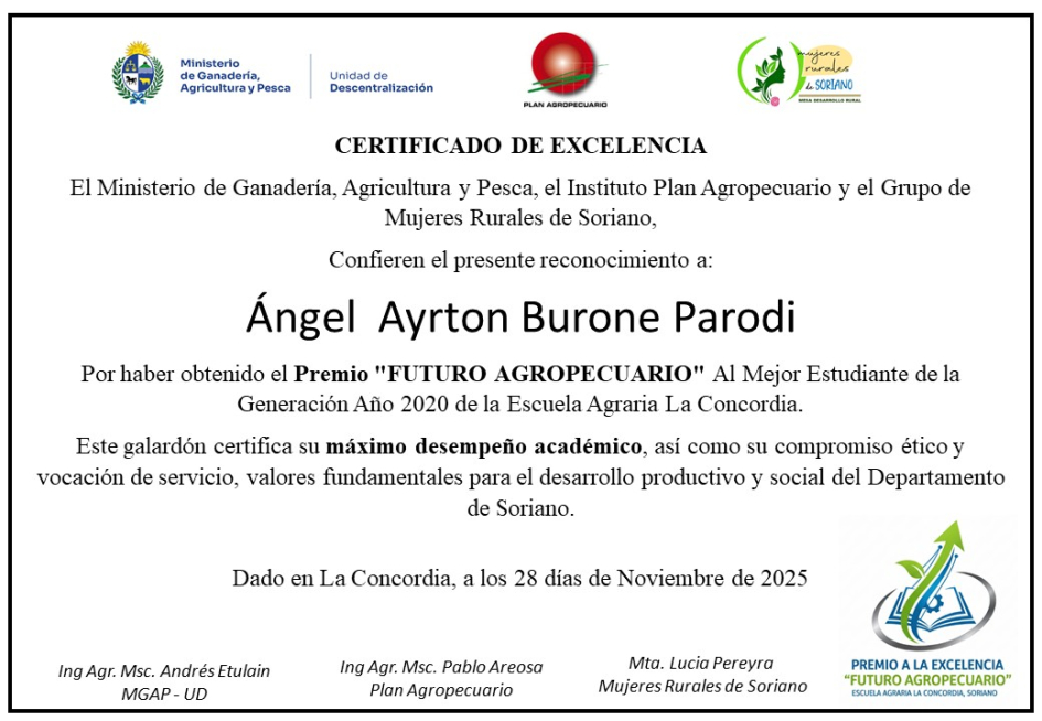 Certificado excelencia Premio Futuro Agropecuario