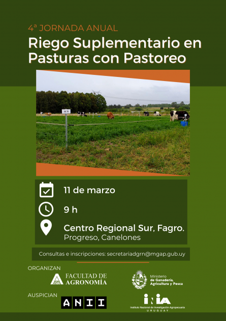 Afiche 4ta Jornada de Promoción de Riego: riego suplementario en pasturas con pastoreo
