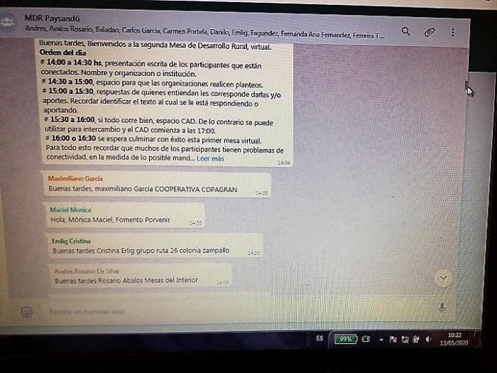 Orden del dia y comentarios de los participantes Pantalla con orden del día de la reunión