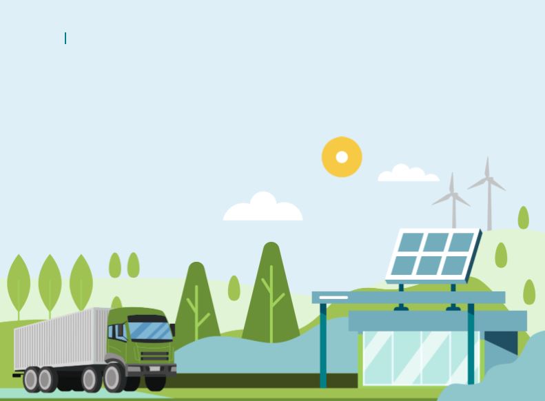 Ilustración de paisaje. Se ve camión en paisaje con árboles, aerogeneradores y paneles solares.