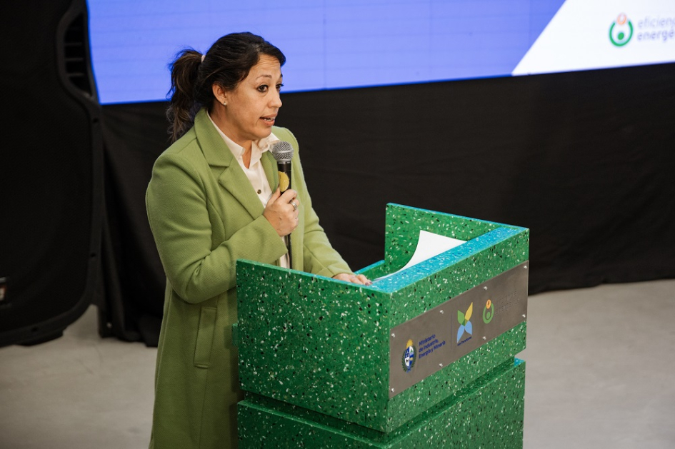 Ministra Cardona habla desde atril