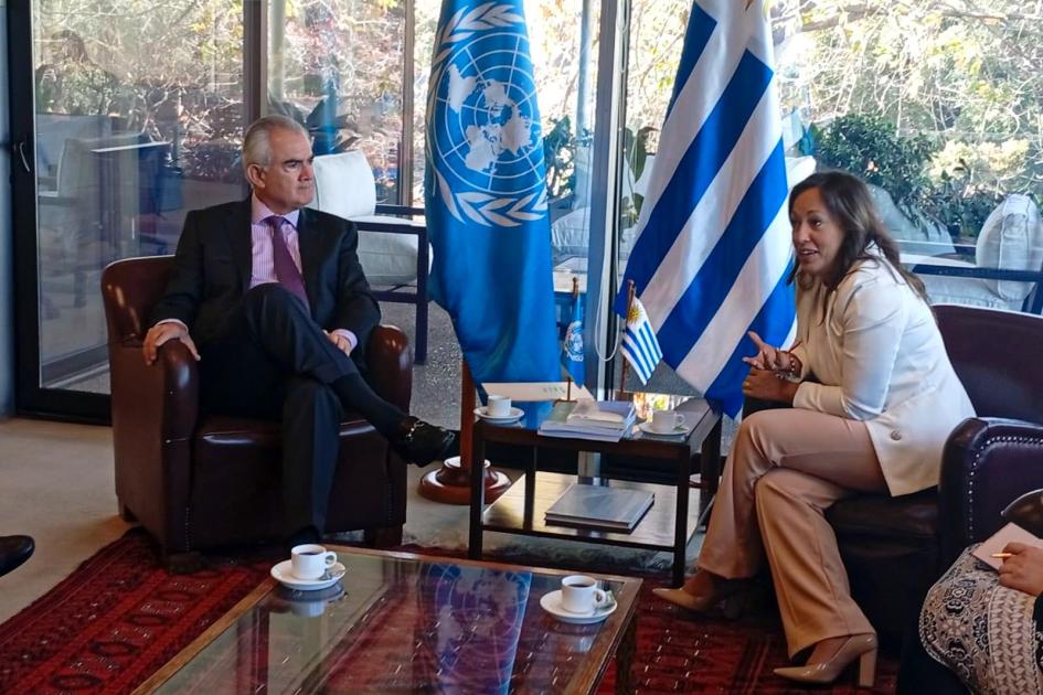 Ministra Fernanda Cardona y secretario ejecutivo de la CEPAL, José Manuel Salazar-Xirinachs Cardona, sentada en un sillón; a su lado, en otro Salazar--Xirinachs; detrás, banderas