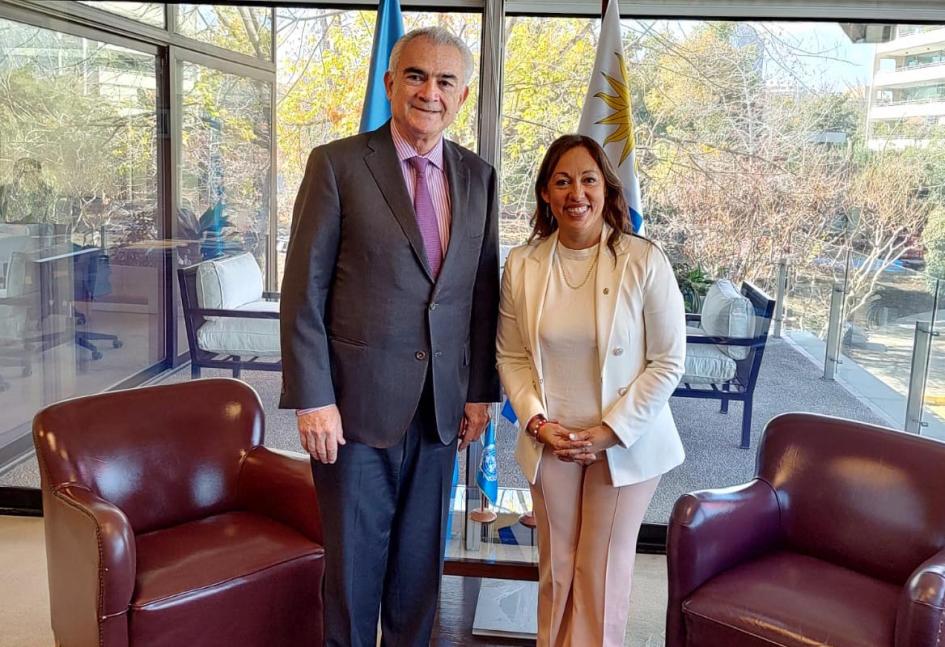 Ministra Fernanda Cardona y secretario ejecutivo de la CEPAL, José Manuel Salazar-Xirinachs Cardona y Salazar-Xirinachs, parados en una oficina; al fondo, banderas y un ventanal